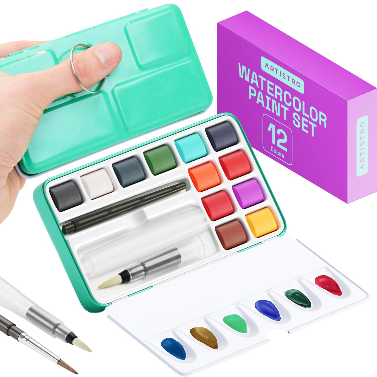 ARTISTRO Watercolor Paint Set in 12 Colors - Travel Watercolor Set with Metal Case & Bright Watercolors - Portable Set for Beginners & Amateur Artists
